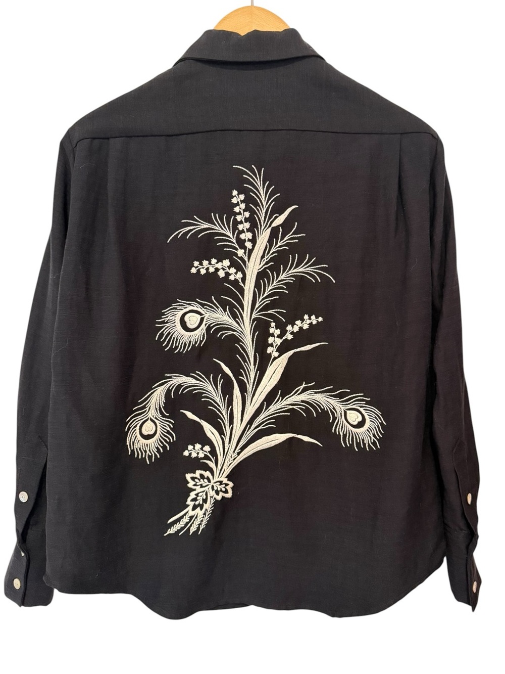 R.G. Kane Black Linen Embroidered Button Down Blouse Shirt Small